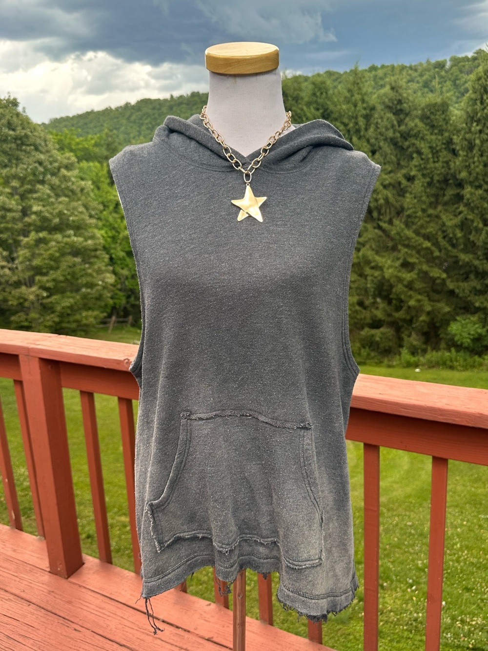 Free People Washed Charcoal Sleeveless Hooded Muscle Pullover